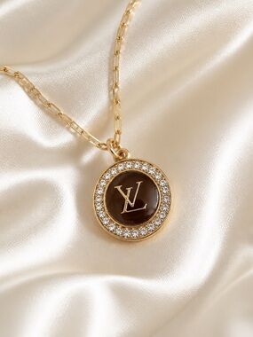 Inspired Gold LV Pendant Necklace with Brown Enamel and Crystal Halo